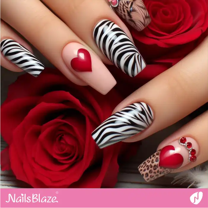 Embellished Zebra Print Nails for Valentine | Animal Print Nails - NB2444